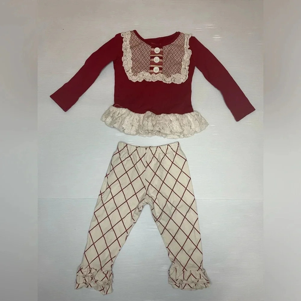 Persnickety Ruffle Red Striped Pant And Red Lou Lou Peplum Top Set SZ 12-24 Mon